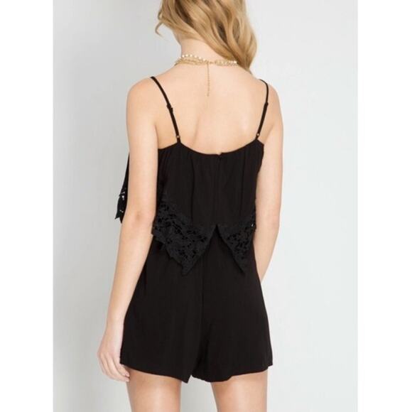 ♥ 697 ♥ (S) Spaghetti Strap Layered Romper with Crochet Lace and Lining - Picture 3 of 3